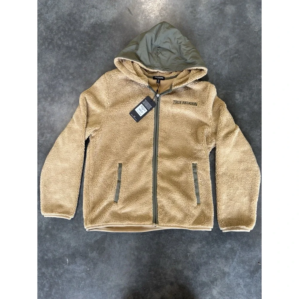 Men's Size Small True Religion Sherpa Tan And Green Zip Up Jacket New With Tags